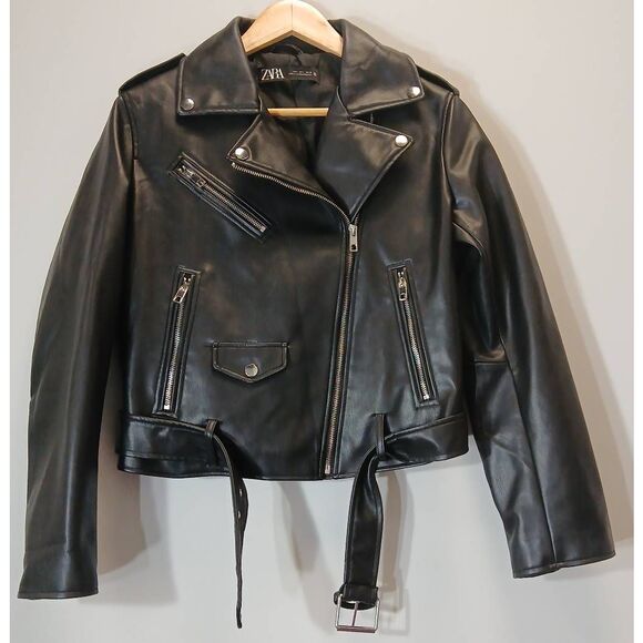 Zara womens large biker jacket leather black - Picture 2 of 8